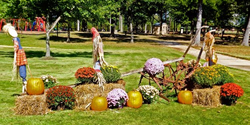 Scarecrows beside colorful mums and pumpkins on hay bales in a park setting with trees and playground in the background.