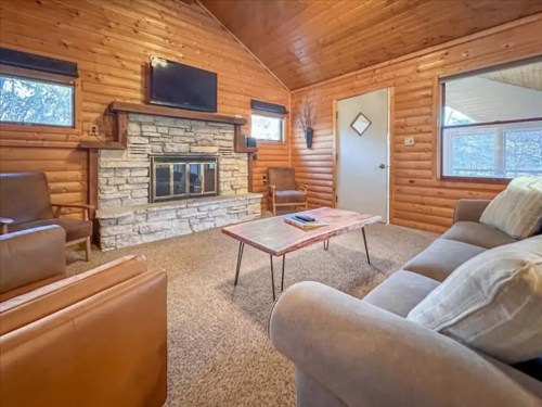 Cozy cabin living room with wooden walls, a stone fireplace, comfortable seating, and a coffee table.