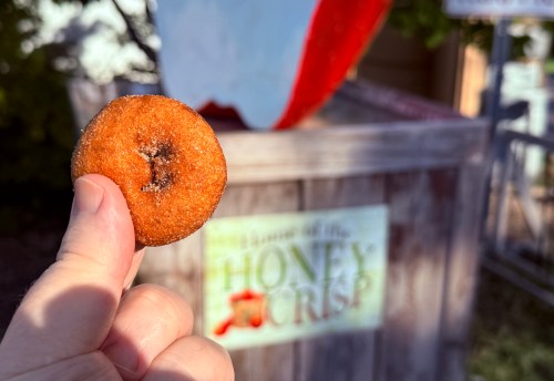 A hand holds a small, sugared donut in front of a wooden sign that reads "Home of the Honey Crisp."