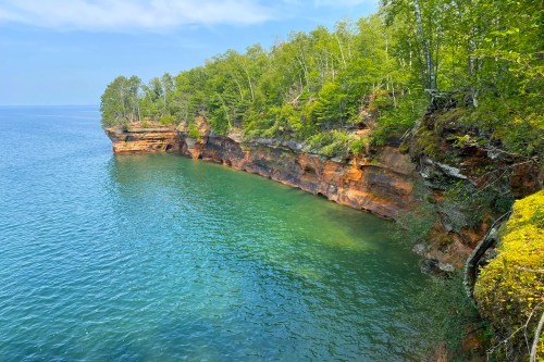 A serene view of a rocky shoreline with lush green trees and clear blue water under a bright sky.