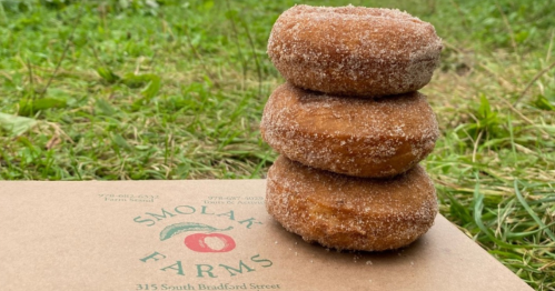 a stack of 3 apple cider donuts on top of a brown cardboard box with the logo for smolak farms as well as the farm's address