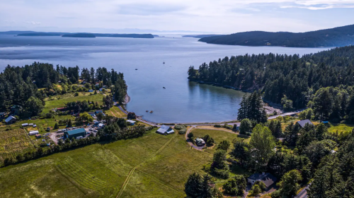 Nestled along an inlet, a waterfront farmhouse sits beside a large pasture.