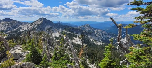 A panoramic view of rugged mountains and lush forests under a bright blue sky with fluffy clouds.