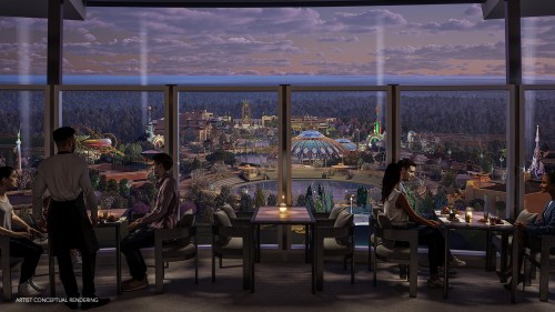 A conceptual rendering of a restaurant with a view of an amusement park at sunset, featuring diners and staff.