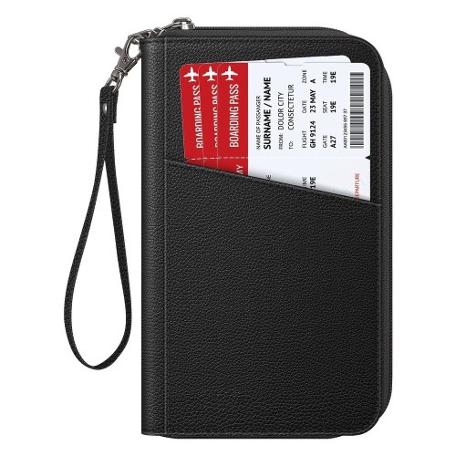 A black travel wallet with boarding passes peeking out from a pocket, featuring a zipper and wrist strap.