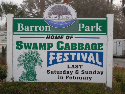 Sign for Barron Park, home of the Swamp Cabbage Festival, held on the last Saturday and Sunday in February.