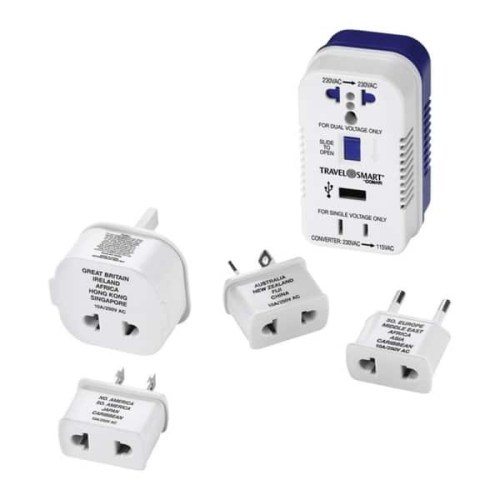 A travel adapter set with multiple plug types for different countries, including UK, US, and European styles.