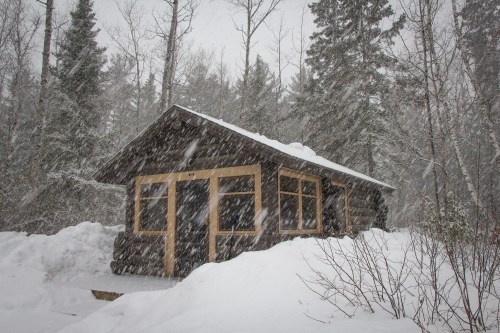 A cozy log cabin surrounded by deep snow, with heavy snowfall and tall trees in a winter landscape.