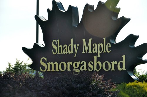 Sign for Shady Maple Smorgasbord, featuring a large leaf design and surrounded by greenery.