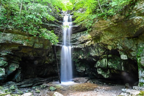 A serene waterfall cascades down rocky cliffs, surrounded by lush green foliage and a tranquil pool below.