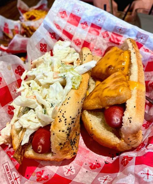 Two hot dogs in poppy seed buns, one topped with coleslaw and the other with melted cheese, served in a red checkered basket.