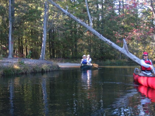 Two people canoeing on a calm river surrounded by trees, with one person in a red kayak nearby.
