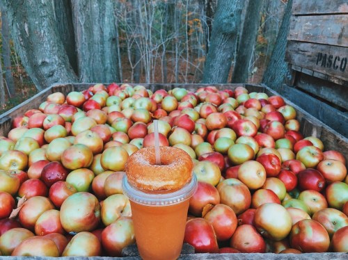 A clear cup of apple cider topped with a donut sits in front of a wooden crate filled with red and green apples.