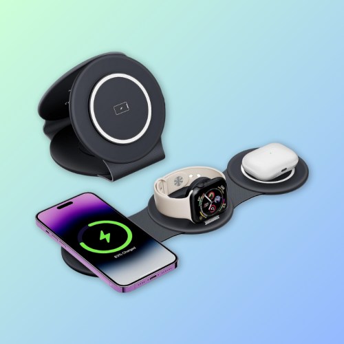 A wireless charging station with a phone, smartwatch, and AirPods on a gradient background.