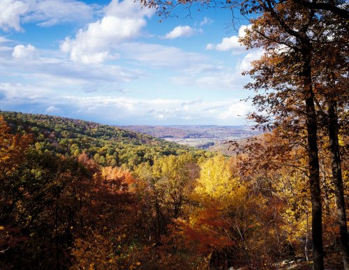 A scenic view of rolling hills covered in autumn foliage under a partly cloudy sky.