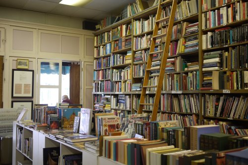 A storefront in Cincinnati, Ohio with floor-to-ceiling shelves of books accessible via ladder.
