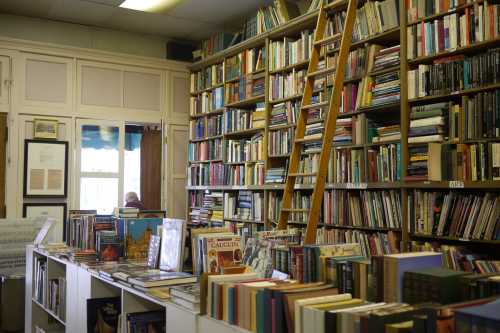 A storefront in Cincinnati, Ohio with floor-to-ceiling shelves of books accessible via ladder.