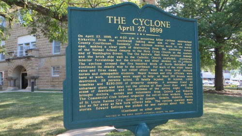 Image of a historical marker detailing the cyclone that struck Kirkville, Missouri, on April 27, 1899, causing significant damage.