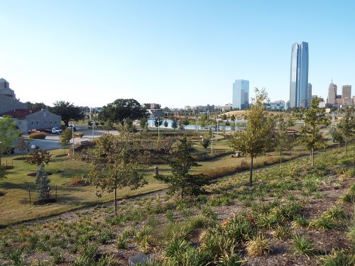 A scenic park with trees and grass, overlooking a city skyline with tall buildings and a body of water in the background.