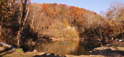 A serene pond surrounded by trees with vibrant autumn foliage, reflecting the colorful landscape in calm water.