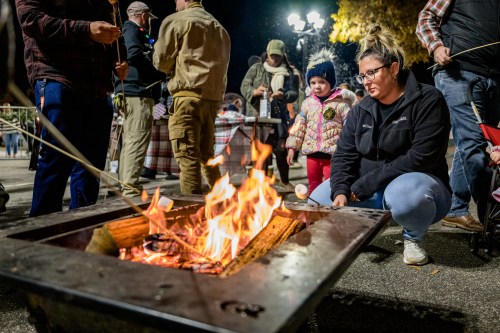 A group of people gather around a fire pit at night, roasting marshmallows and enjoying the warm atmosphere.