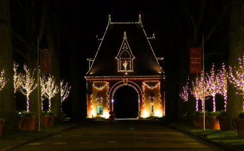 A beautifully lit archway surrounded by trees adorned with twinkling lights at night.