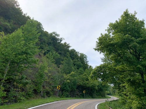 A winding road surrounded by lush green trees and hills under a cloudy sky.