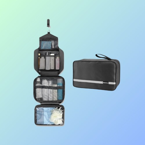 A black hanging toiletry bag with multiple compartments, displayed alongside a closed version on a gradient background.
