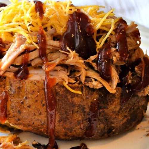 A stuffed baked potato from Watson's BBQ in Tucumcari, New Mexico