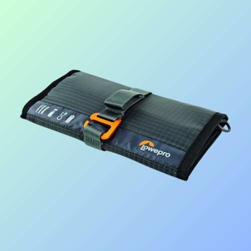 A compact Lowepro organizer with a secure strap, featuring various pockets for accessories, set against a gradient background.