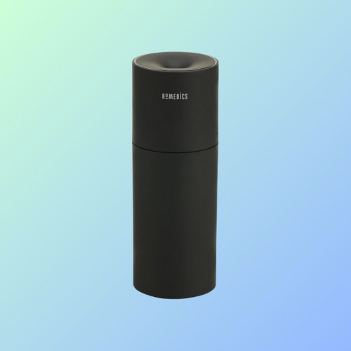 A sleek black air purifier on a gradient blue-green background.