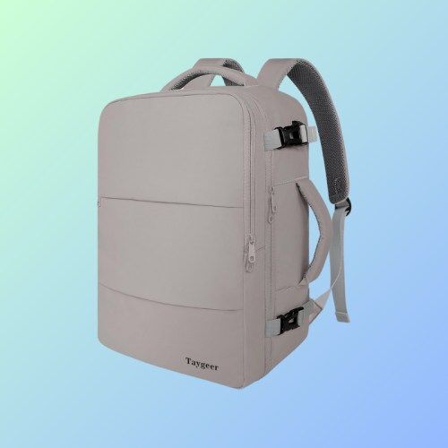 A light gray backpack with adjustable straps and buckles, set against a gradient background.