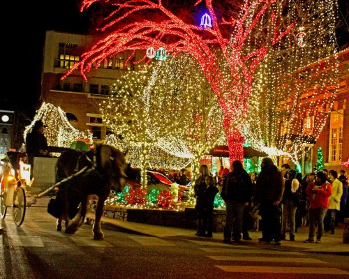 A festive scene with a horse-drawn carriage passing by brightly lit trees and holiday decorations, with people gathered nearby.