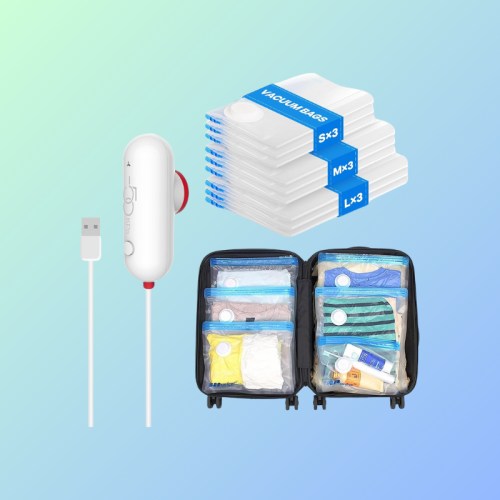 A travel organizer with vacuum bags, a USB device, and neatly packed items in a suitcase against a gradient background.
