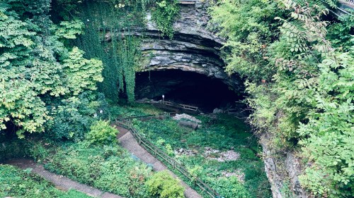 A lush, green landscape surrounds the entrance of a dark cave, with a winding path leading into the cave's mouth.