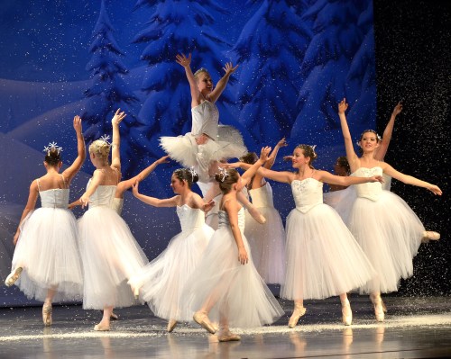 A group of ballet dancers in white tutus perform on stage, with one dancer elevated above the others in a snowy backdrop.