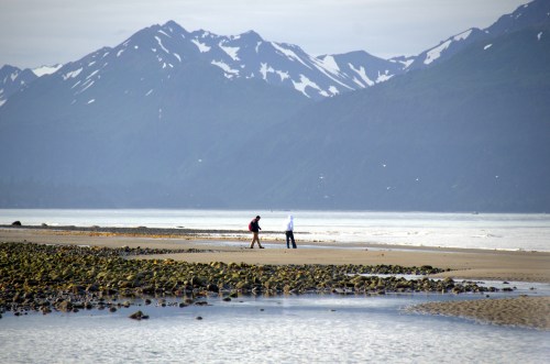 Two people walking on a sandy beach with mountains and snow in the background, reflecting a serene coastal landscape.