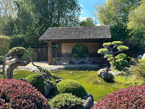 A serene garden scene featuring a pond, lush greenery, and a traditional wooden pavilion with a circular opening.