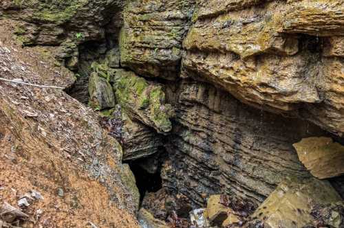 A twisting rock wall descends down to a dark cave entrance.