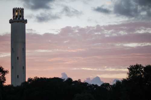 The Sulphur Springs Water Tower with a gloomy clouded sunset in the background.