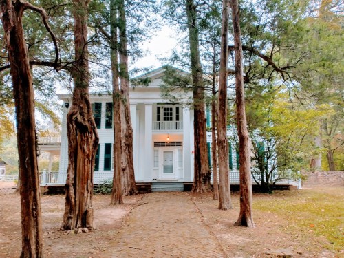 A white two-story house surrounded by tall trees, with a brick pathway leading to the entrance.