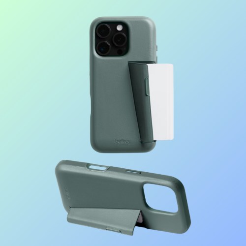 A green phone case with a card holder, displayed on a gradient background.