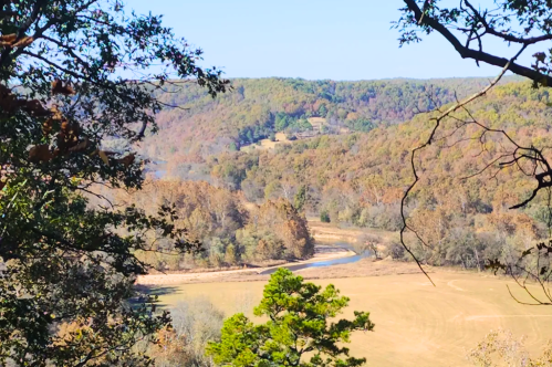 Scenic view of rolling hills and a winding river, framed by trees in autumn colors under a clear blue sky.