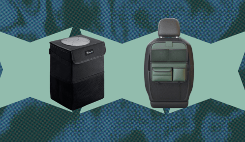 Collage of car trash can and seat back organizer