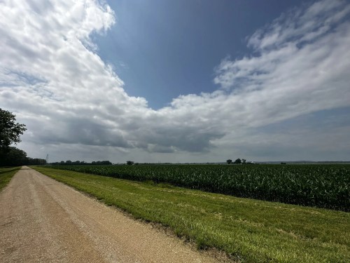 A gravel road lined with green fields under a partly cloudy sky.