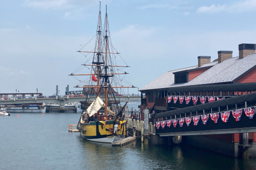 The Boston Tea Party ship sits outside of the Tea Party Ships & Museum in Boston Harbor.