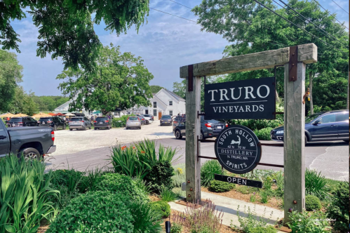 Sign for Truro Vineyards with a parking area and greenery in the background on a sunny day.