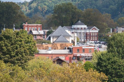 Far away view of buildings in Murphy, North Carolina, surrounded by trees.