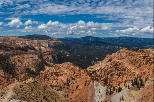 A panoramic view of colorful canyon landscapes under a blue sky with scattered clouds and distant mountains.