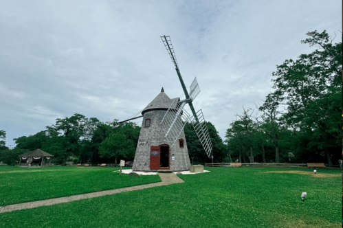 A wooden windmill stands in a grassy park, surrounded by trees under a cloudy sky.